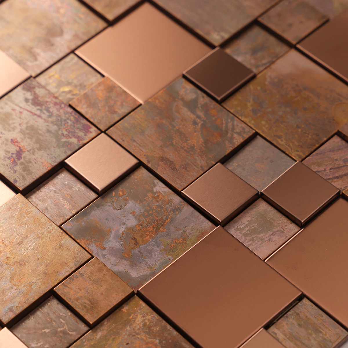 Close-up of 3D copper and stainless steel tiles