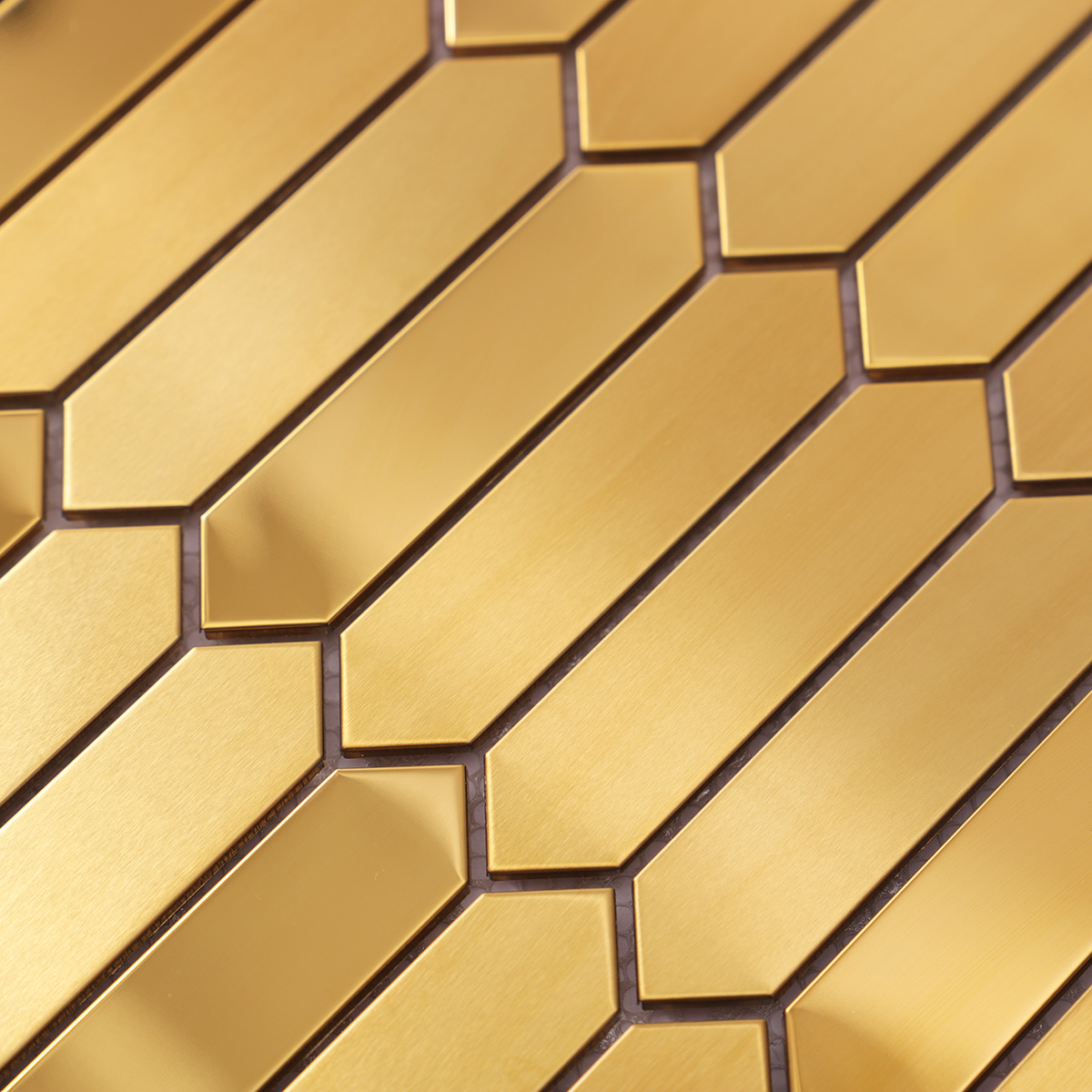 Close-up of gold picket stainless steel mosaic metallic tiles.