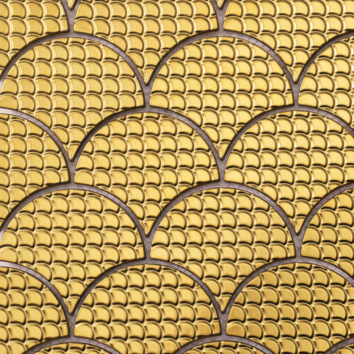 Detailed close-up of 3D gold metal shell shaped mosaic tiles.