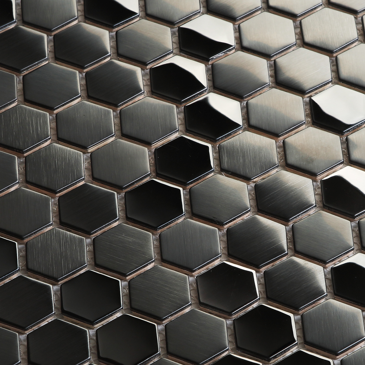 Close-up of black stainless steel hexagon mosaic tiles
