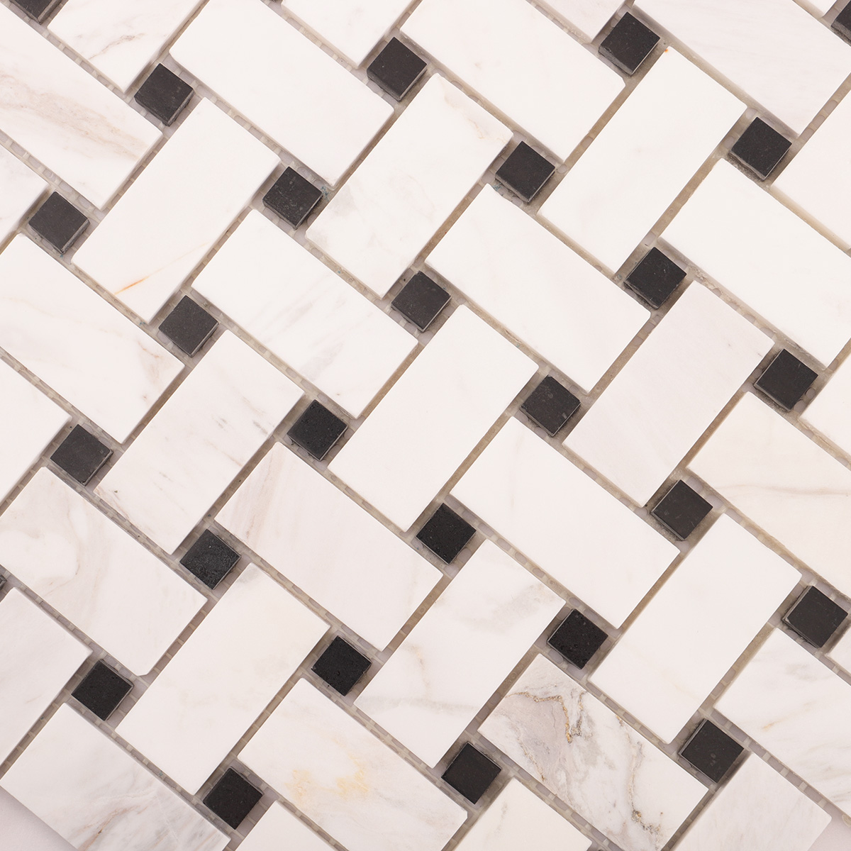 Macro close-up of white basketweave marble mosaic tiles