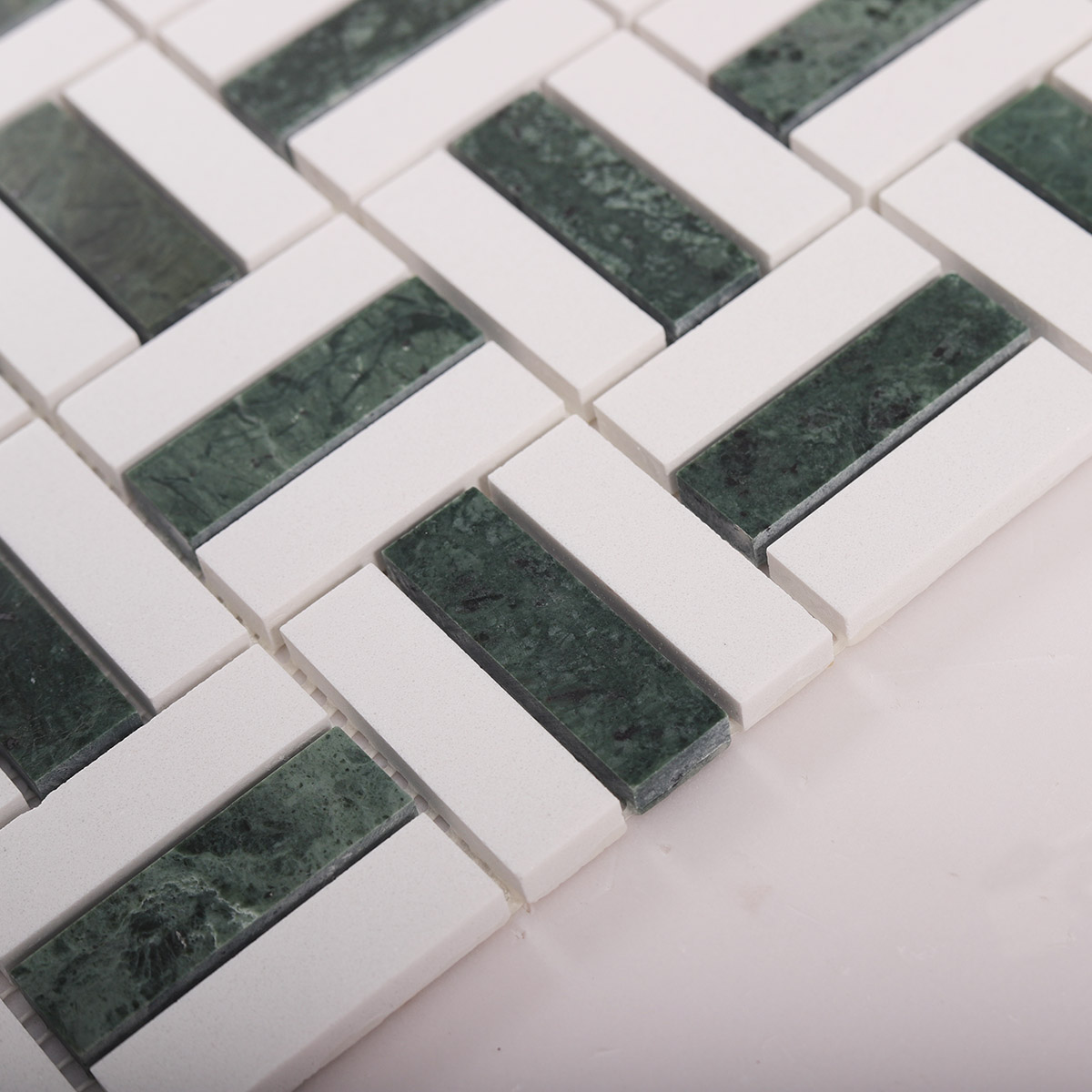 Empress Green and White Marble Mosaic Basketweave Tiles-SAICINA TILES