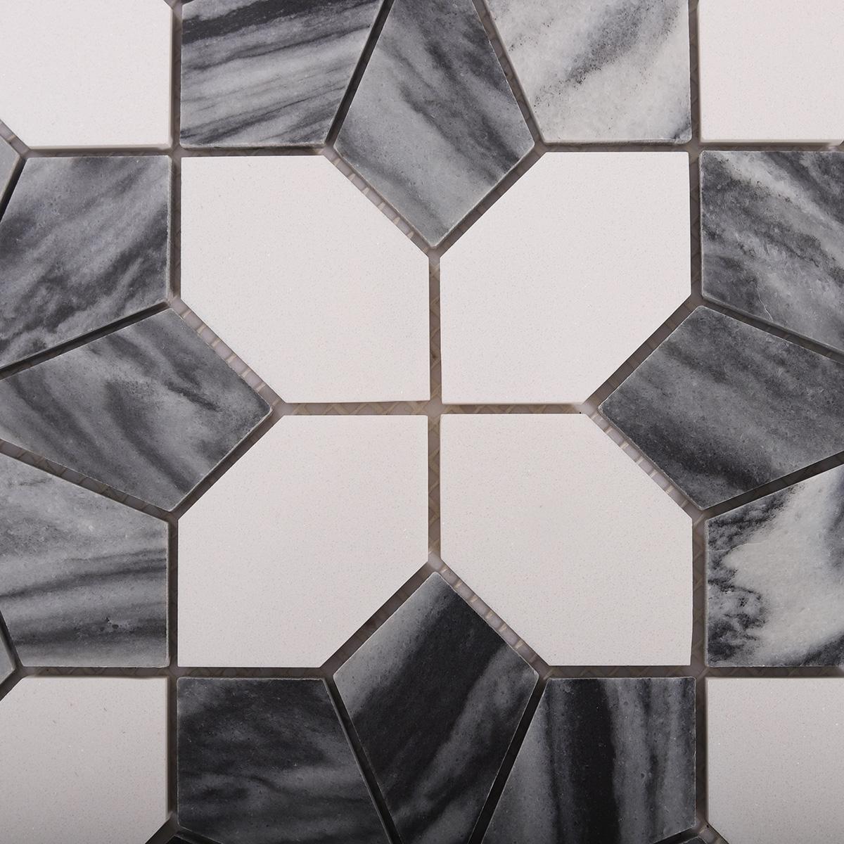 Close-up view of gray & white flower marble mosaic tiles
