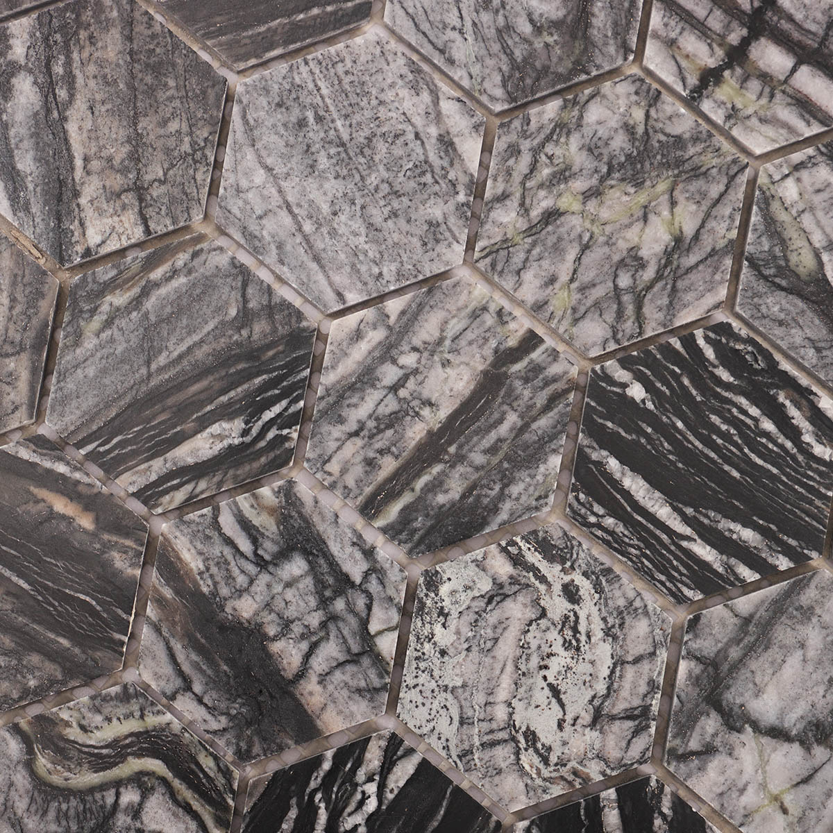 Close-up view of dark grey hexagon marble mosaic tiles