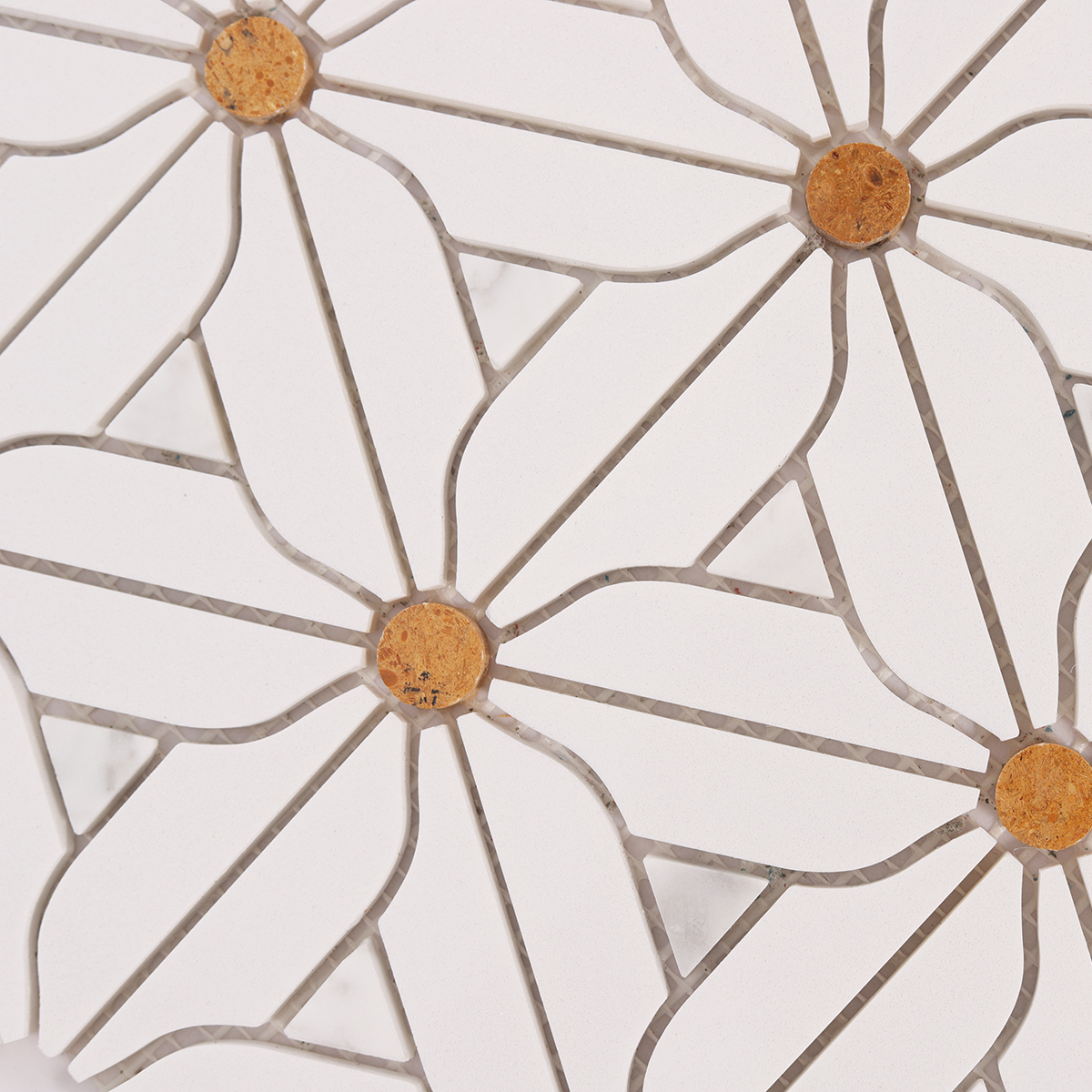 Close-up of white floral marble mosaic tiles