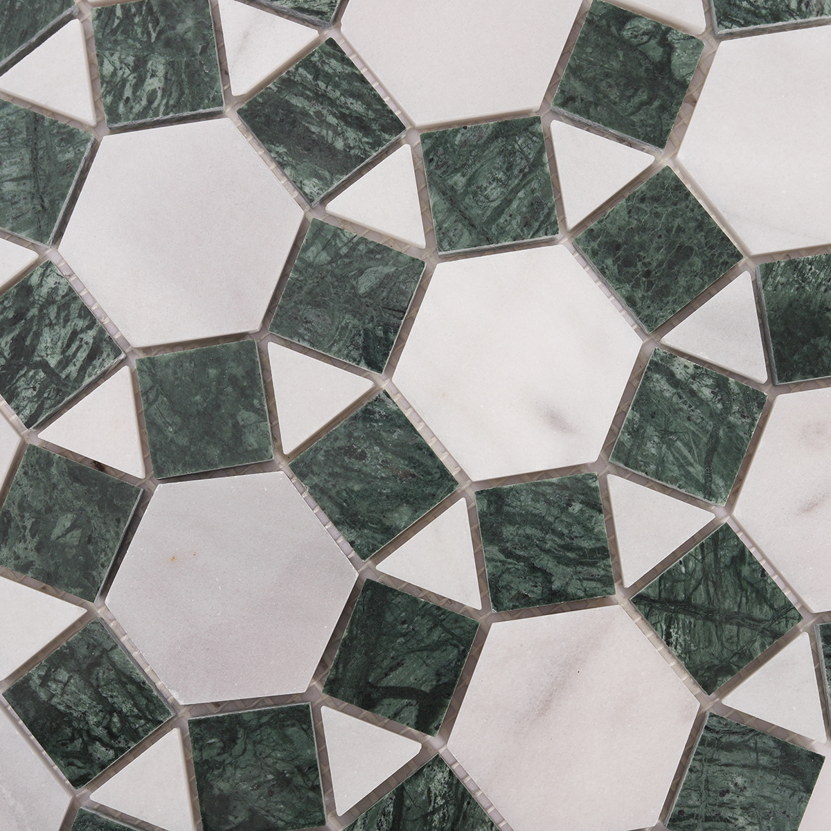 Detailed close-up of hexagon and square green sunflower ring marble mosaic tiles