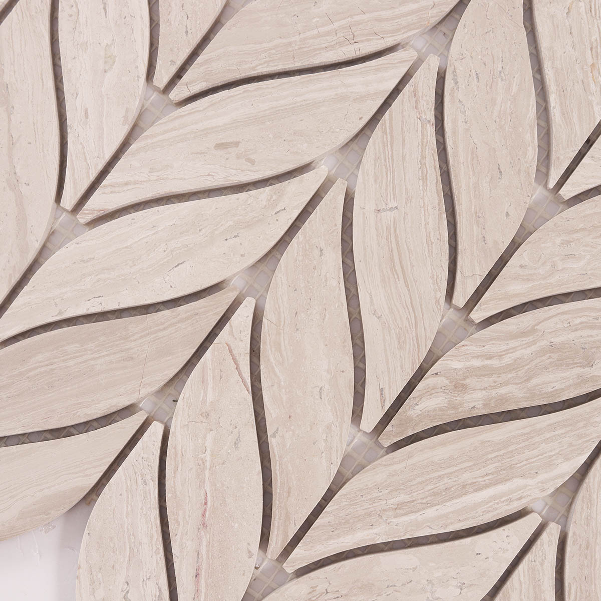 Close-up view of Grigio Legno leaf shape marble mosaic tiles