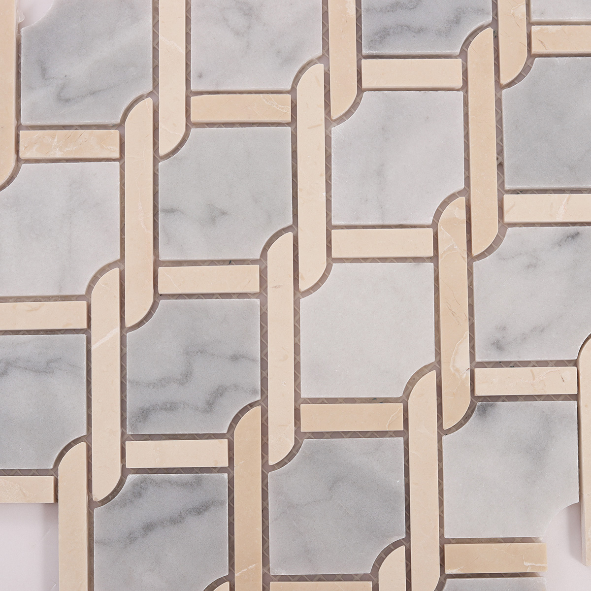 Close-up view of Gray and Beige Princess Weave Rope marble mosaic tiles
