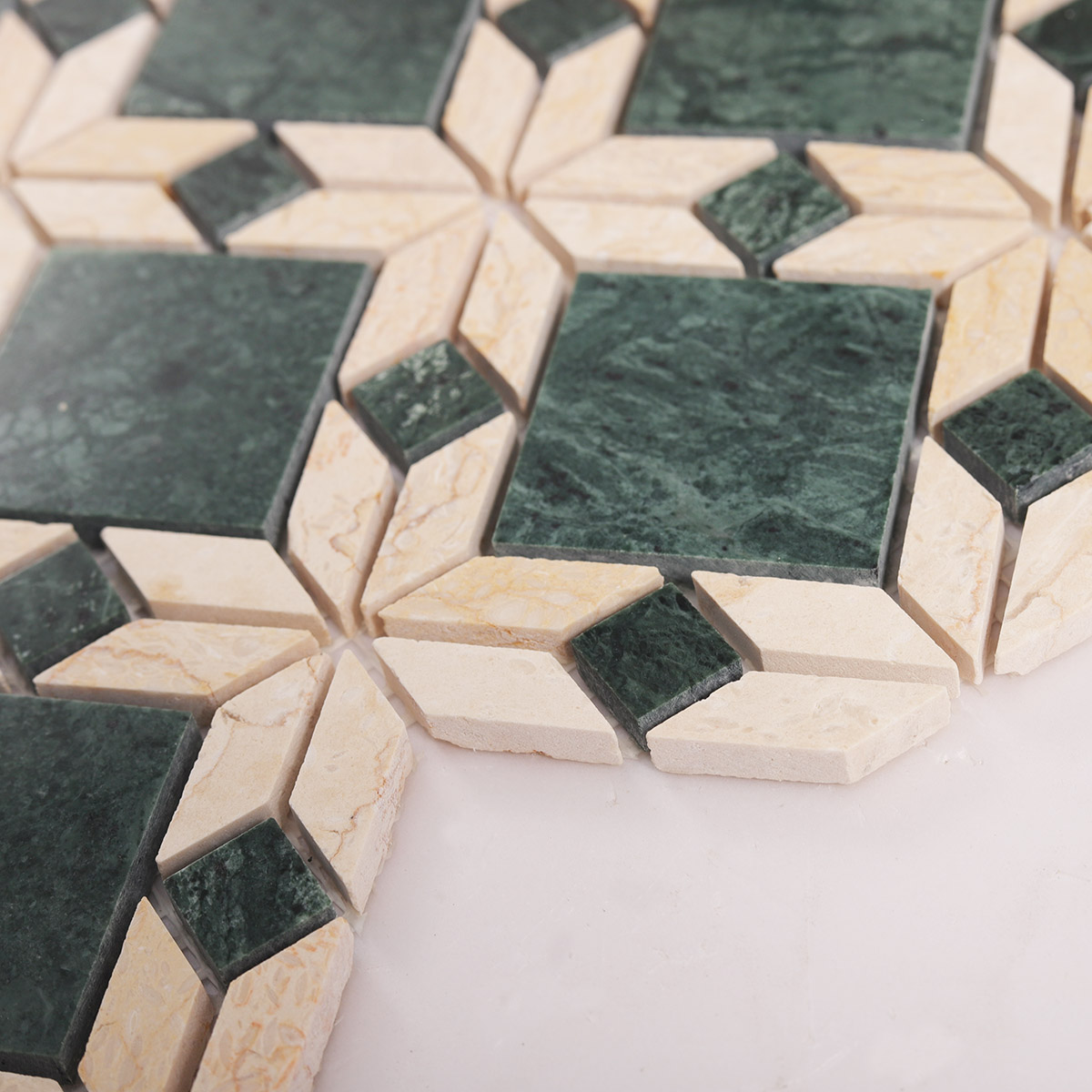 Side close-up view of Polished Green Floral marble mosaic tiles, showing texture and thickness.