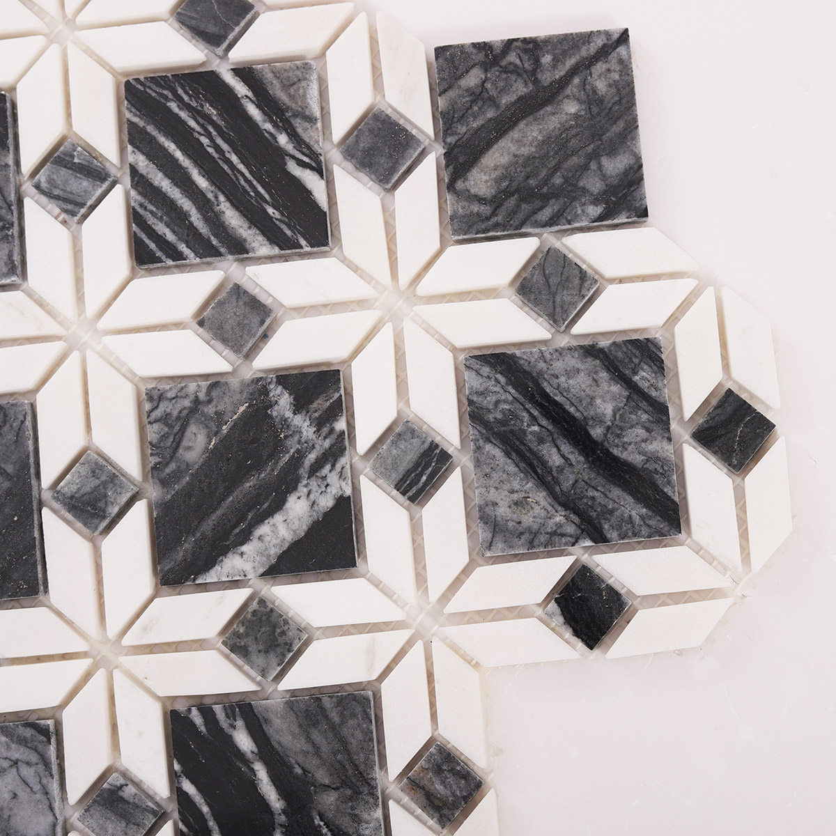 Detailed close-up of Floral Pattern Gray and White Marble Mosaic Tiles.