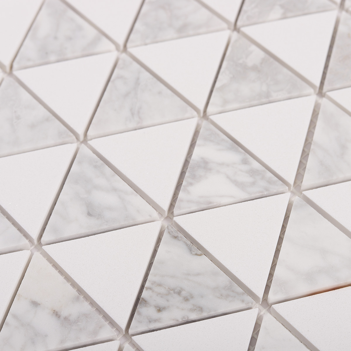 Close-up of White Equilateral Triangle Honed Stone Mosaic Tiles