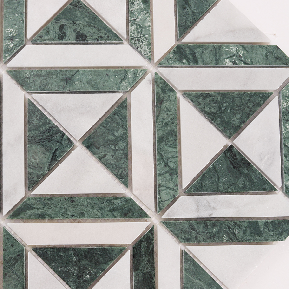 Detailed close-up of Green & White Triangle Marble Mosaic Tiles