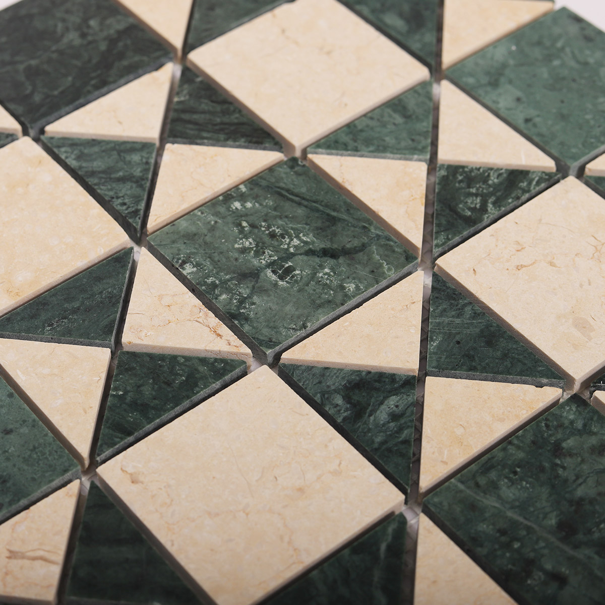 Close-up of Natural Marble Green and Beige Mosaic Tiles