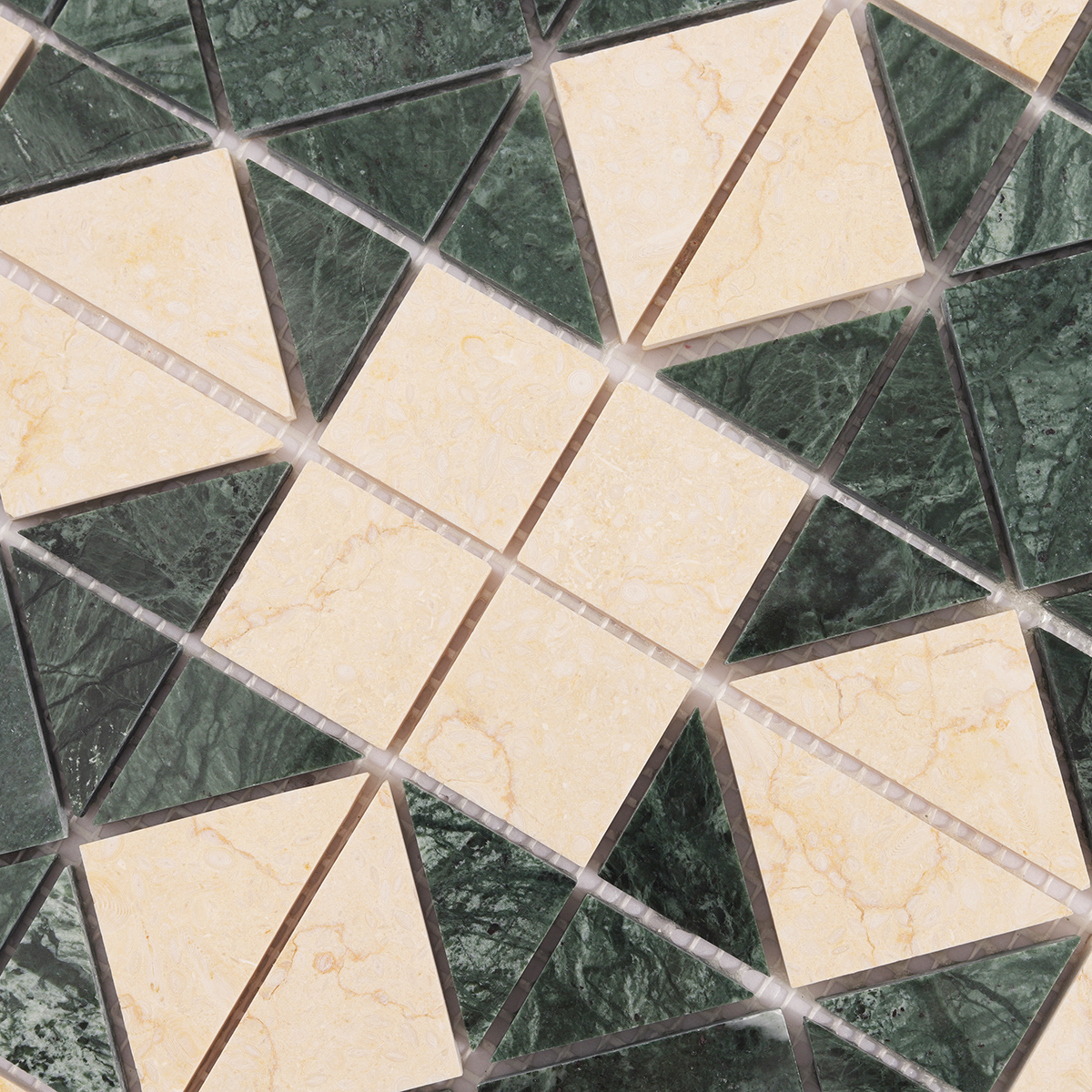 Detailed close-up of Green Mixed Beige Stars Marble Mosaic Tiles