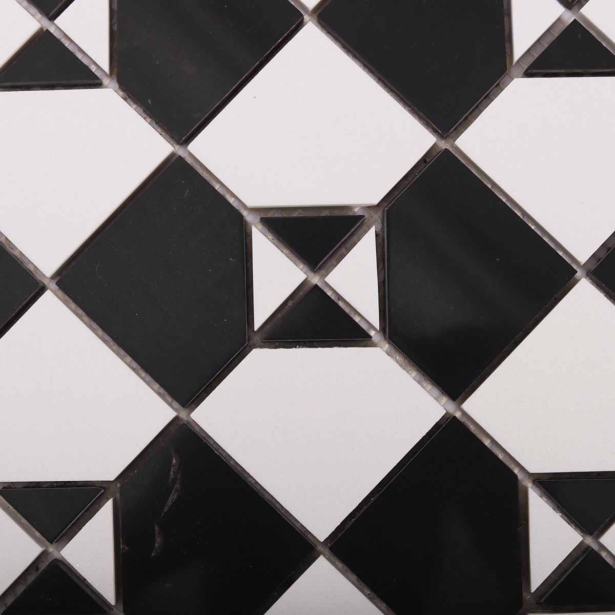 Detailed close-up of Black and White Polished Marble Mosaic Tiles