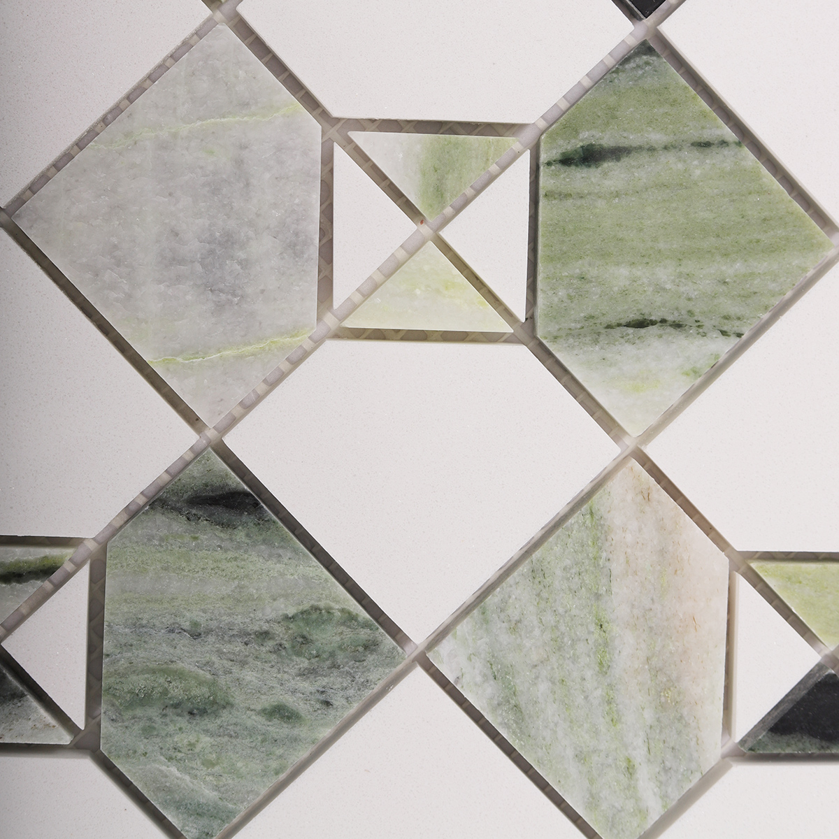 Close-up of Ming Green & White Marble Honed Mosaic Tiles