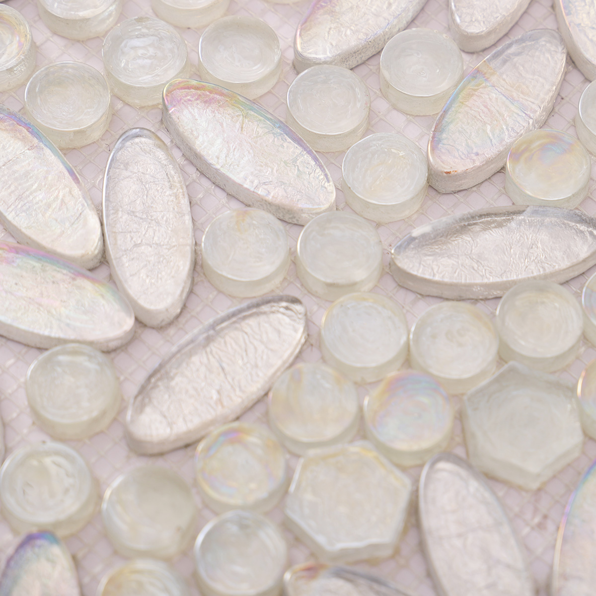 Close-up of Opalescent Oval Flower Glass Mosaic Floor Tiles, highlighting design details.