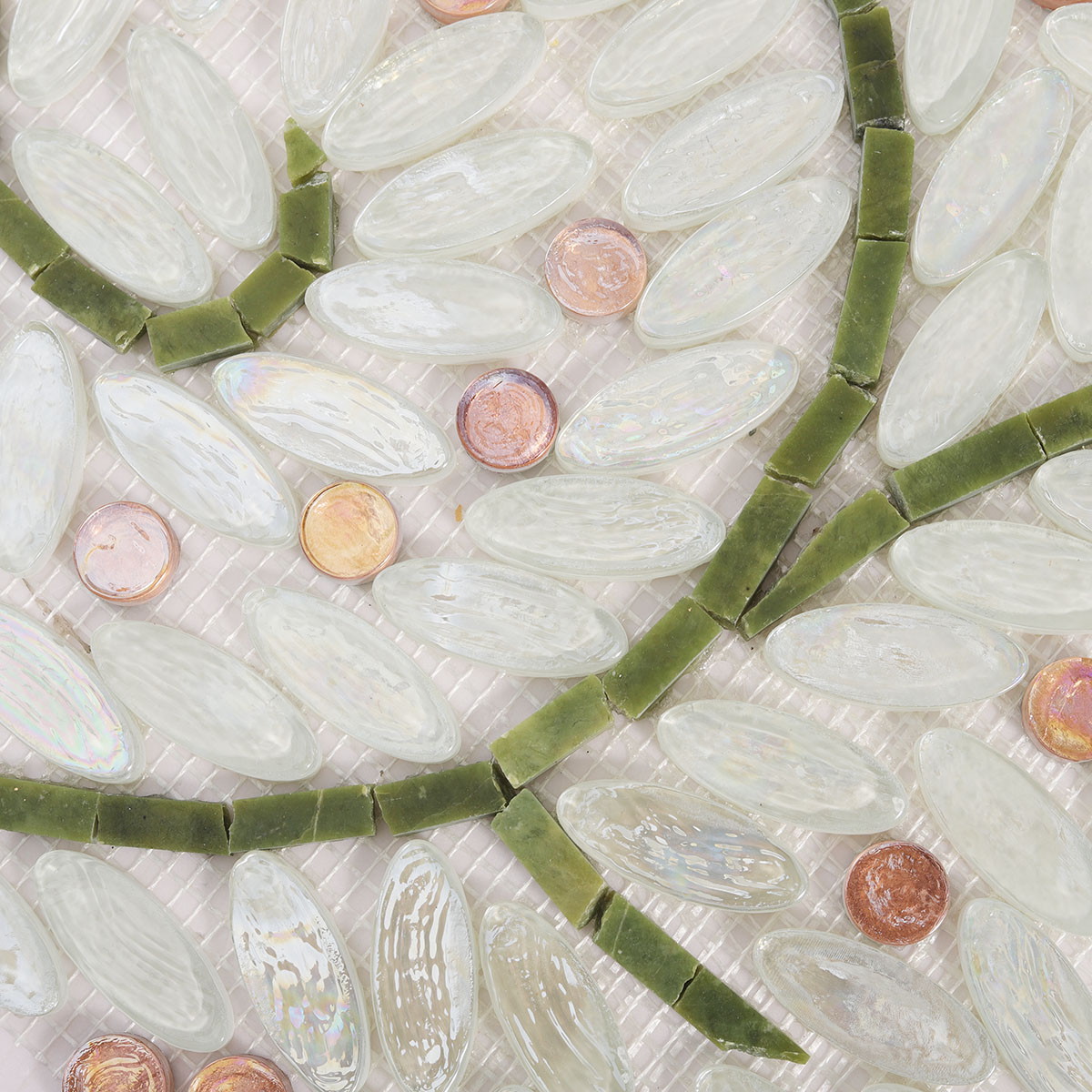 Detailed close-up of White Oval Glass Mosaic Art Tiles