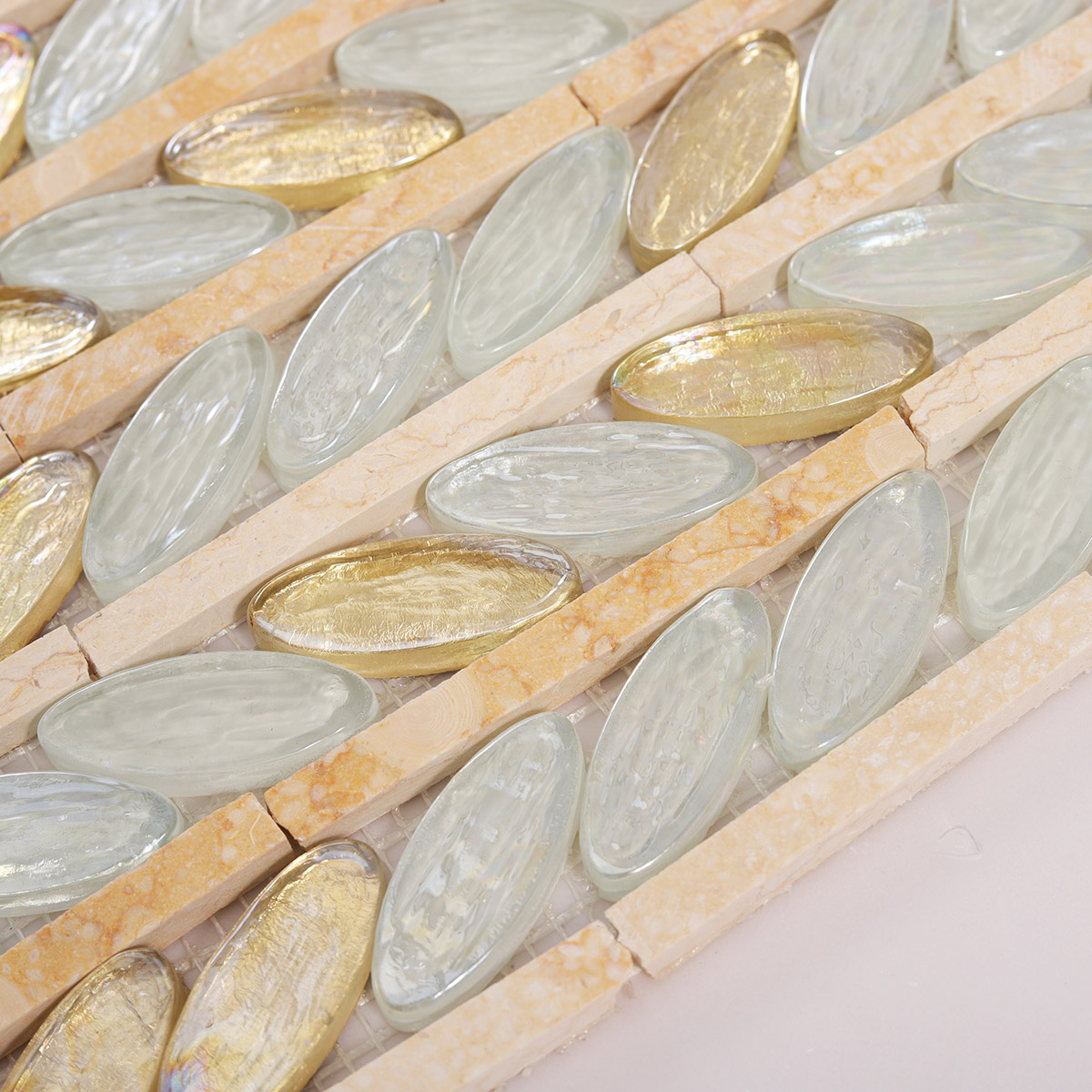 Detailed close-up of Glass and Marble Oval Leaf Mosaic Tiles
