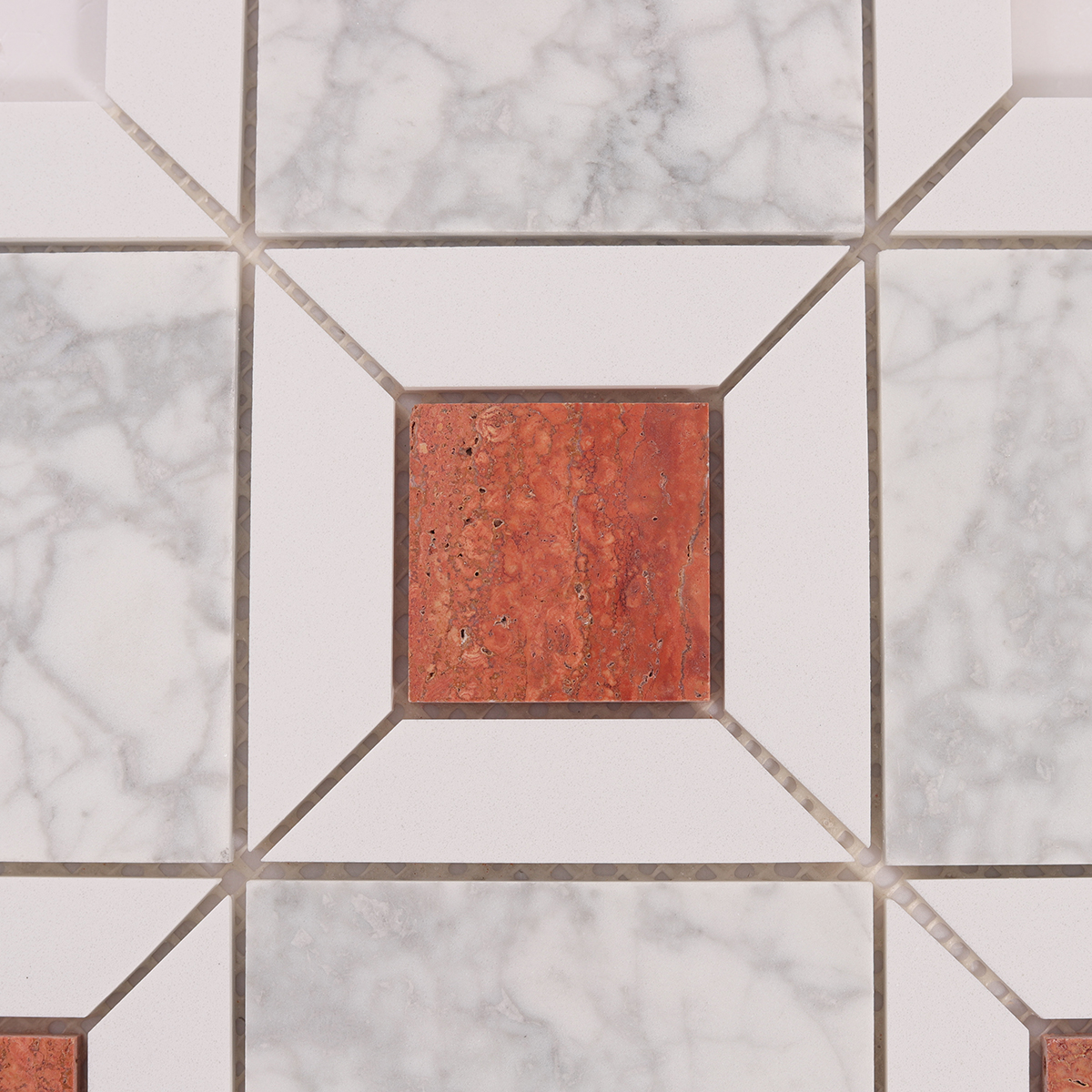 Detailed close-up of White and Red Polished Marble Mosaic Tiles