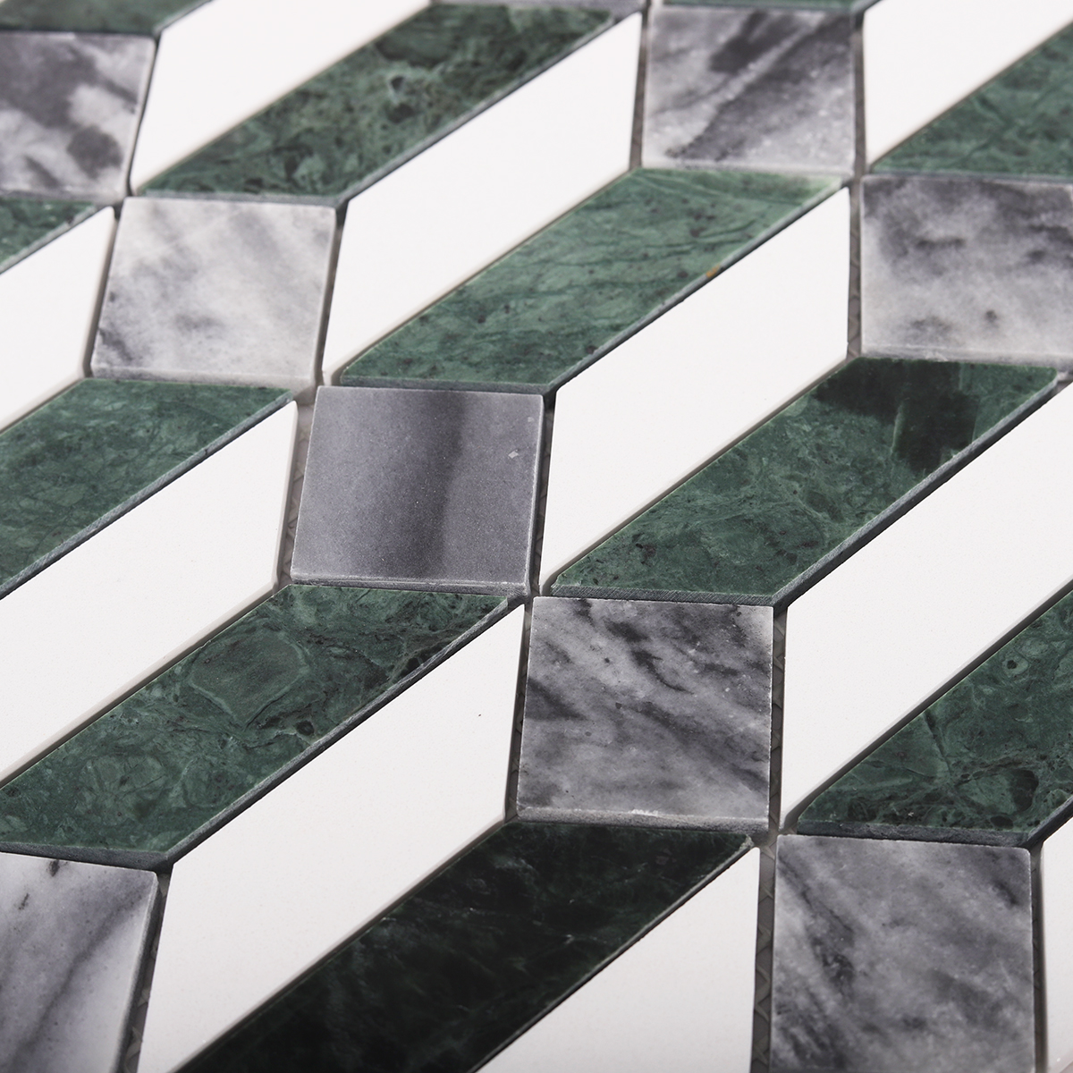 Detailed close-up of Green and White Picket Marble Mosaic Tiles.