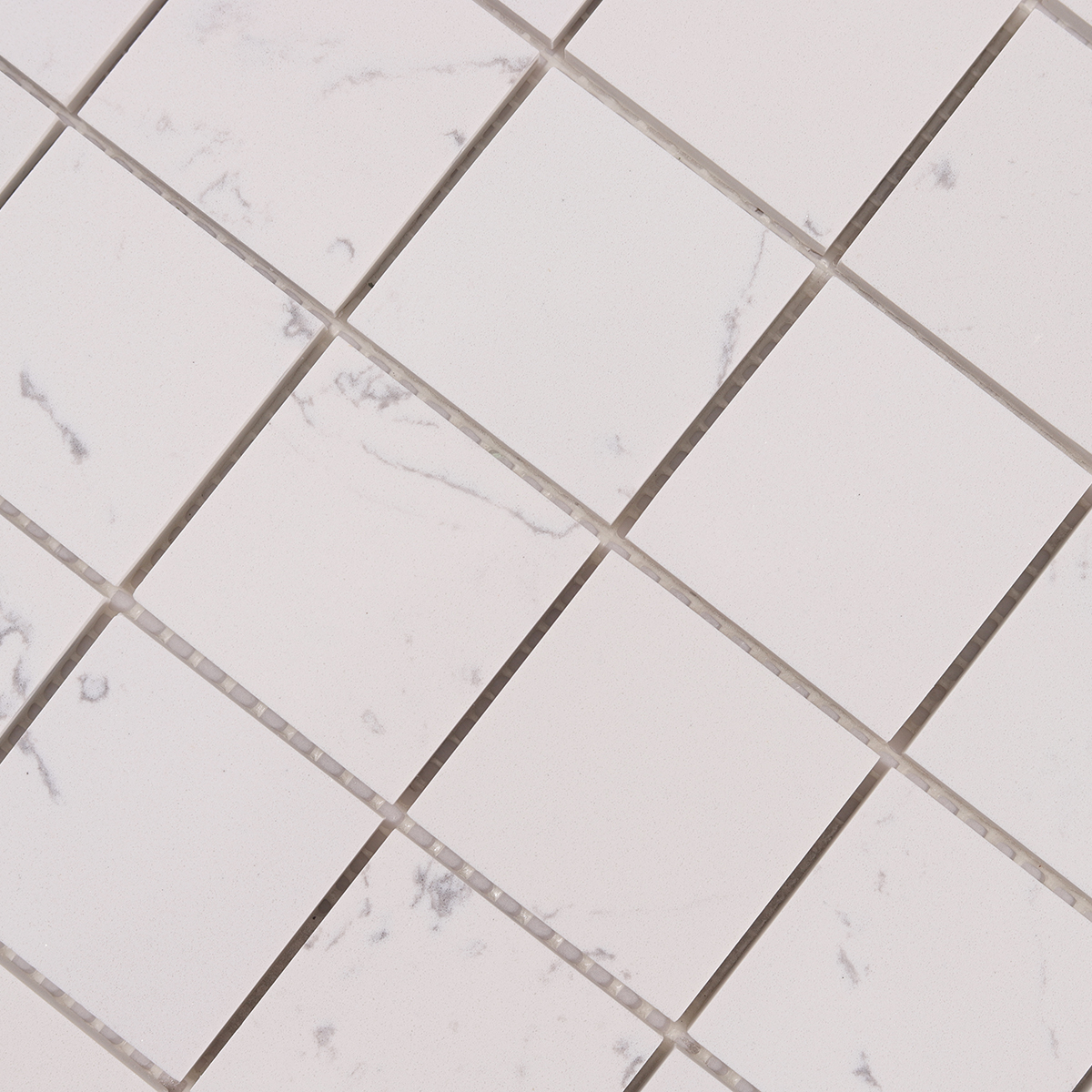 Detailed close-up of White Square Polished Marble Mosaic Tiles.