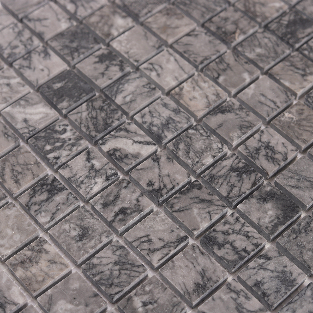 Intricate close-up of Bardiglio Gray Square Marble Polished Mosaic Tiles.