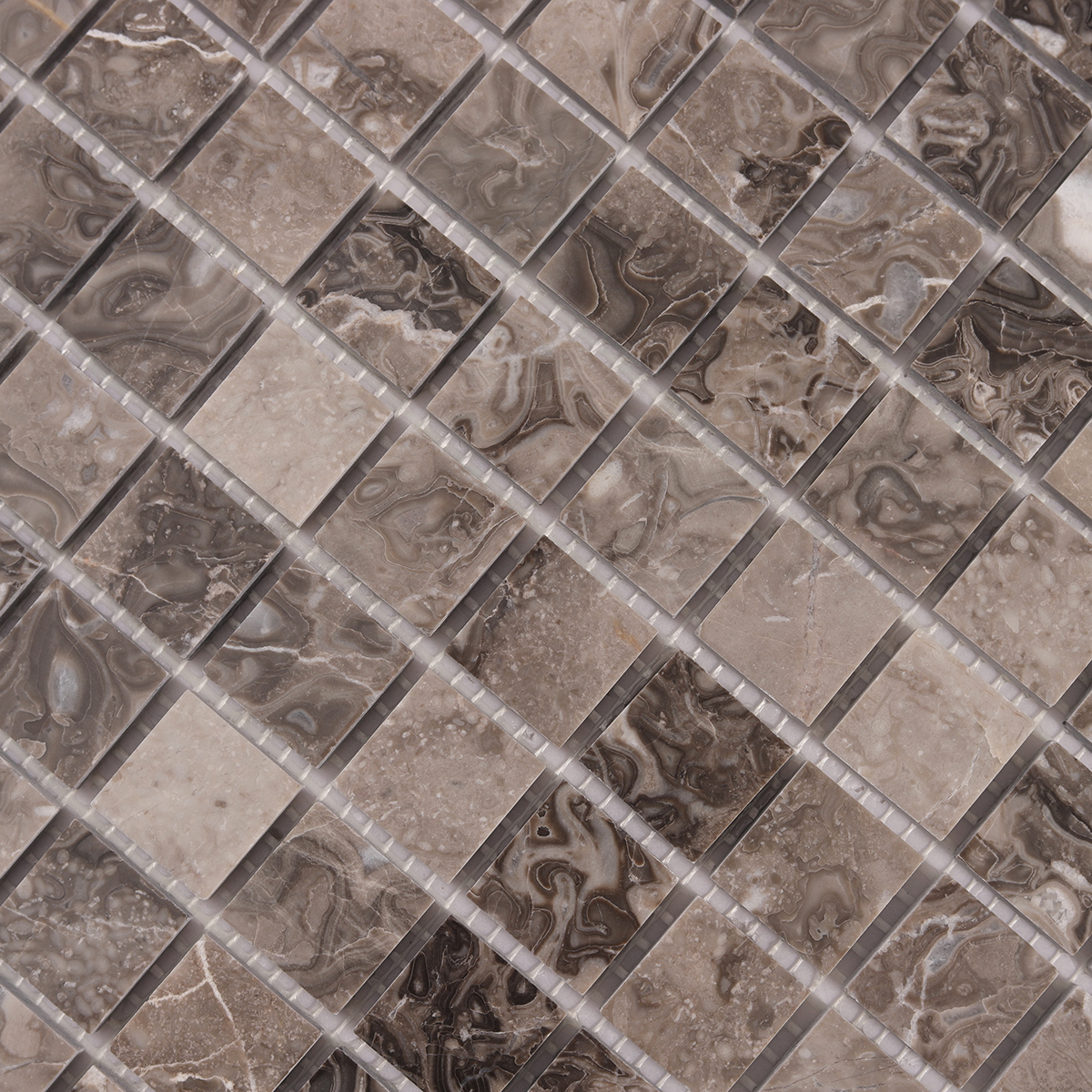 Detailed close-up of Emperador Light Brown Square Marble Mosaic Tiles.