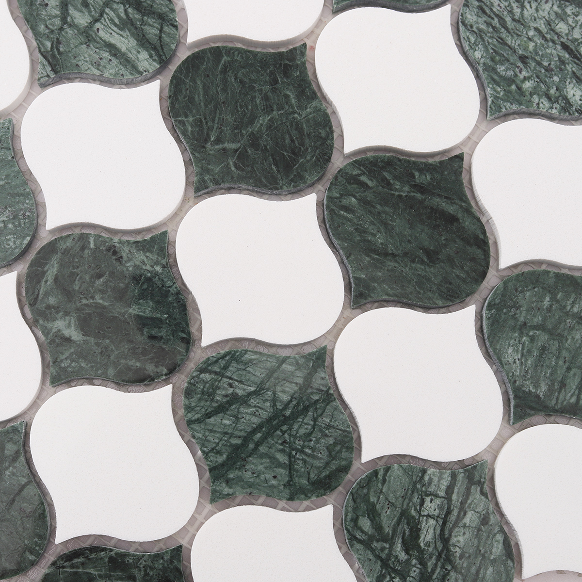Detailed close-up of Green and White Arabesque Lantern Marble Mosaic Tiles.