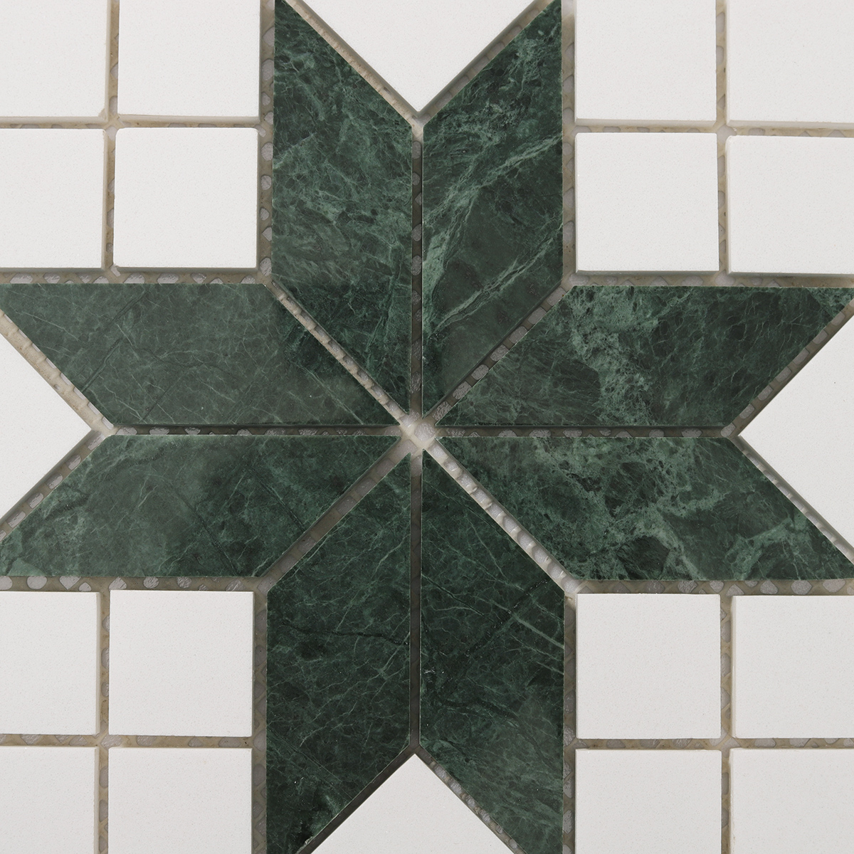 Detailed close-up of Green & Snow White Multi-Finish Star Marble Mosaic