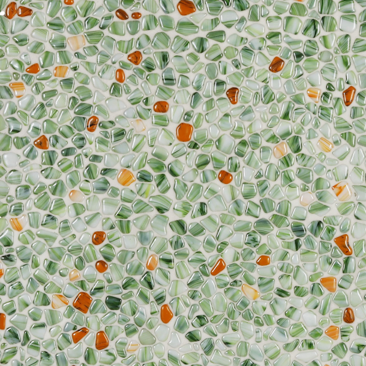 Front view of green glass pebble mosaic tiles resembling river rocks.