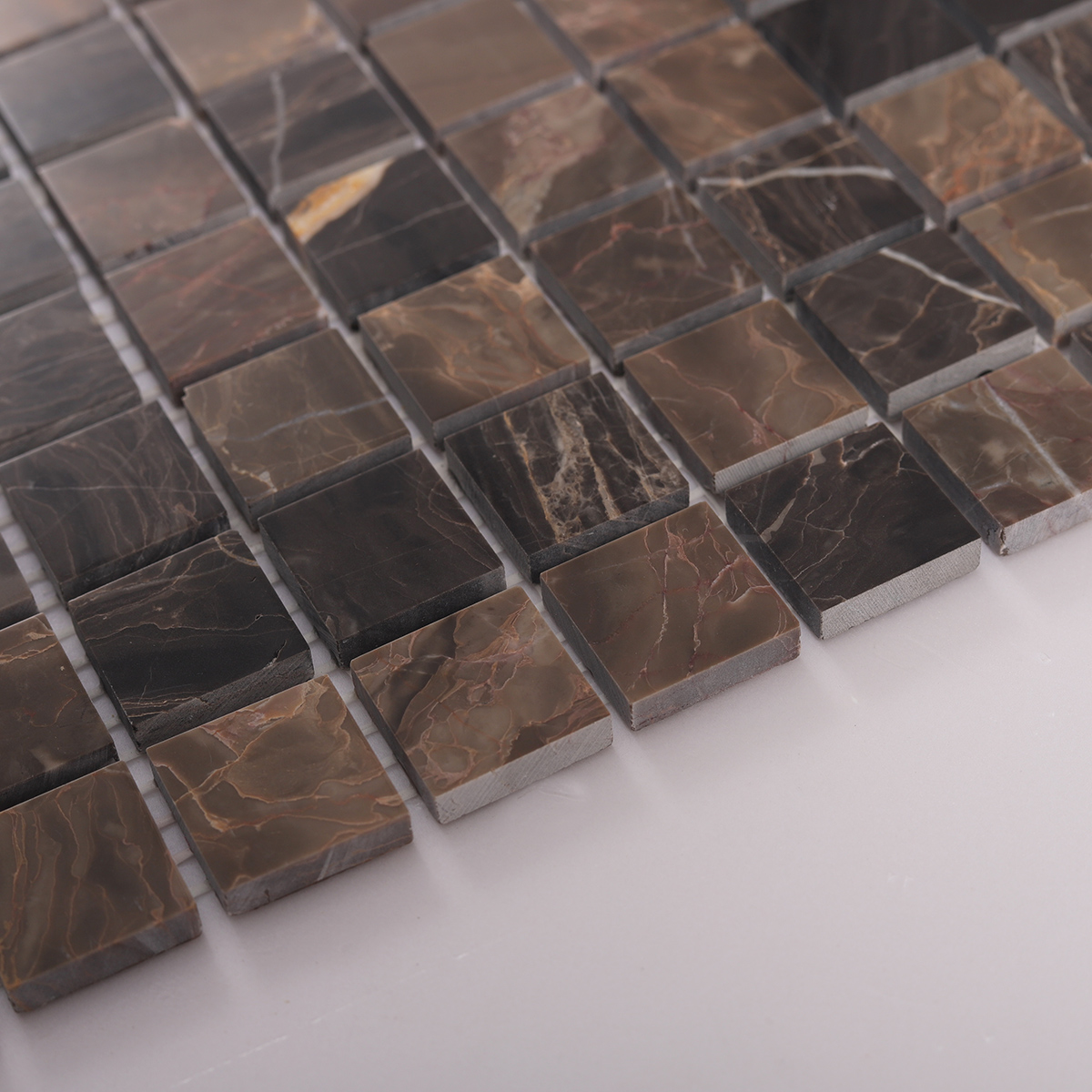 Side view close-up of Dark Emperador Marble Square Mosaic Tiles, edge detail