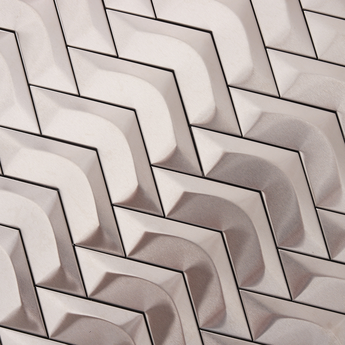 Close-up of 3D Silver Stainless Steel Herringbone Backsplash Tile, texture detail