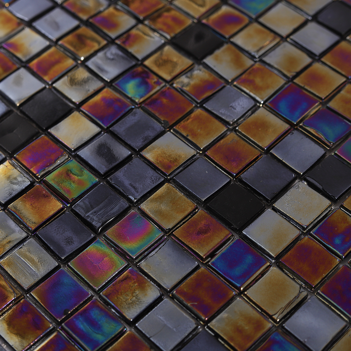 Close-up of Black Iridescent Square Mosaic Tile, texture detail