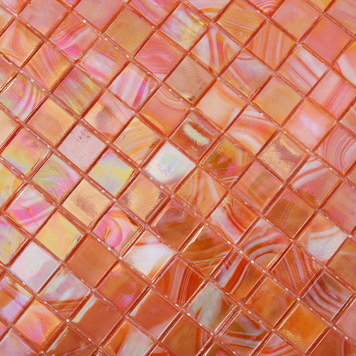 Detailed view of Burnt Orange Iridescent Glass Mosaic Tile, showing iridescent effect