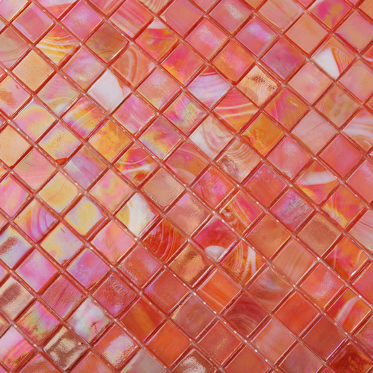 Detailed view of Orange Square Glass Mosaic Kitchen Tiles, showing smooth surface