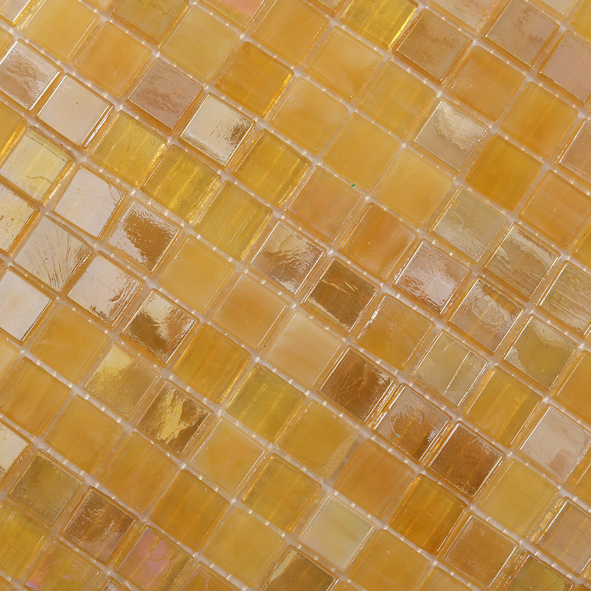 Detailed view of Glimmer Translucent Yellow Square Glass Mosaic Tiles, showing translucent effect