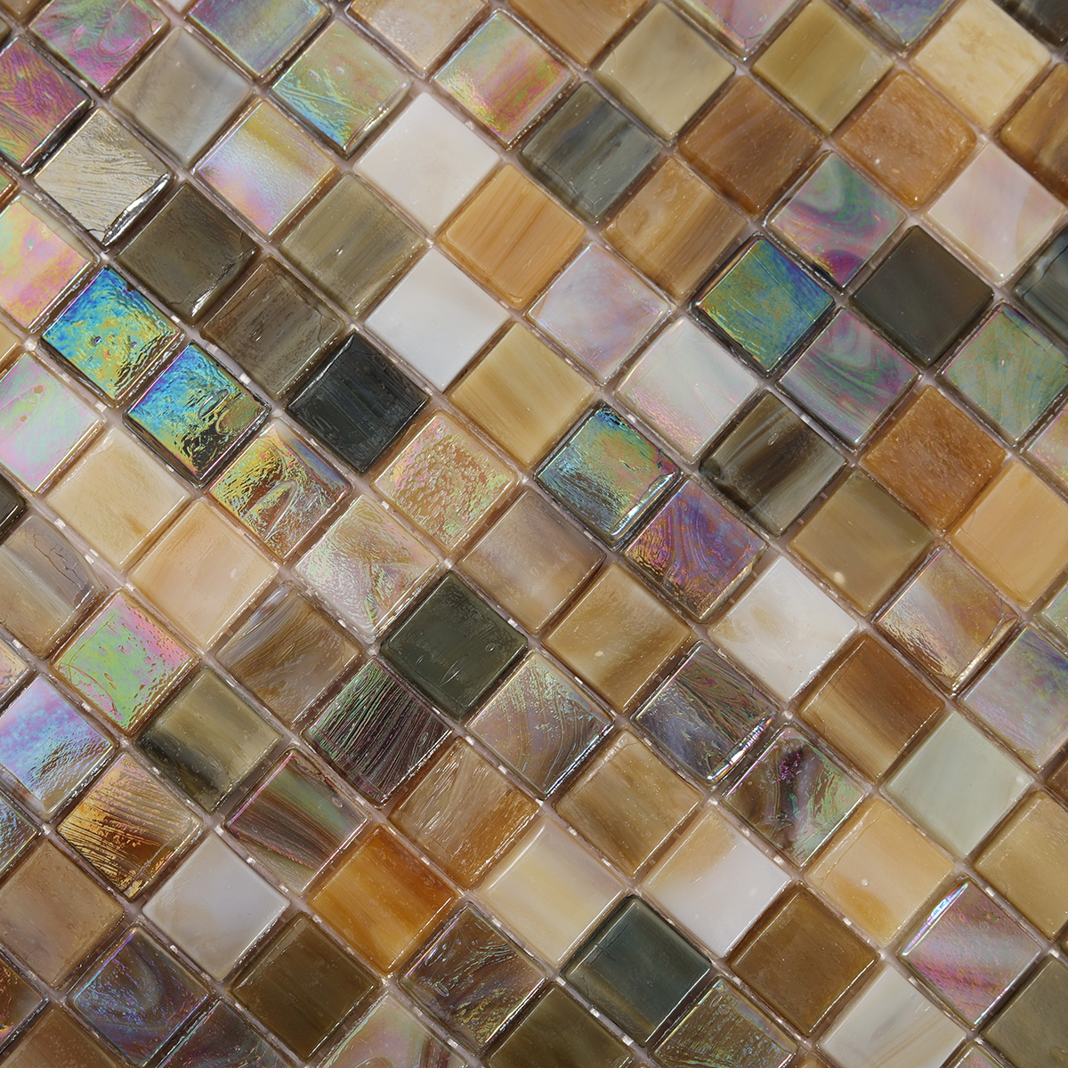 Detailed view of Iridescent Brown Square Glass Mosaic Wall Tile, showing iridescent effect