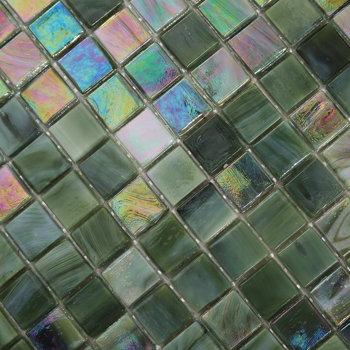 Detailed view of Green Square Glass Mosaic Tiles, showing smooth surface