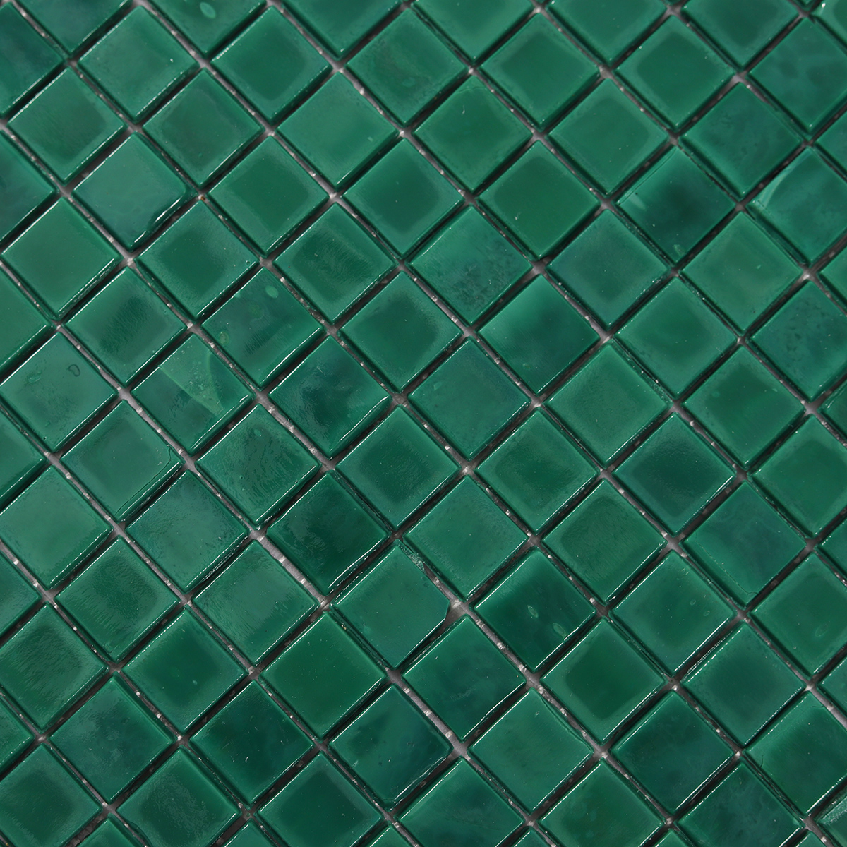 Detailed view of Dark Green Uniform Square Glass Mosaic Bathroom Tiles, showing consistent color
