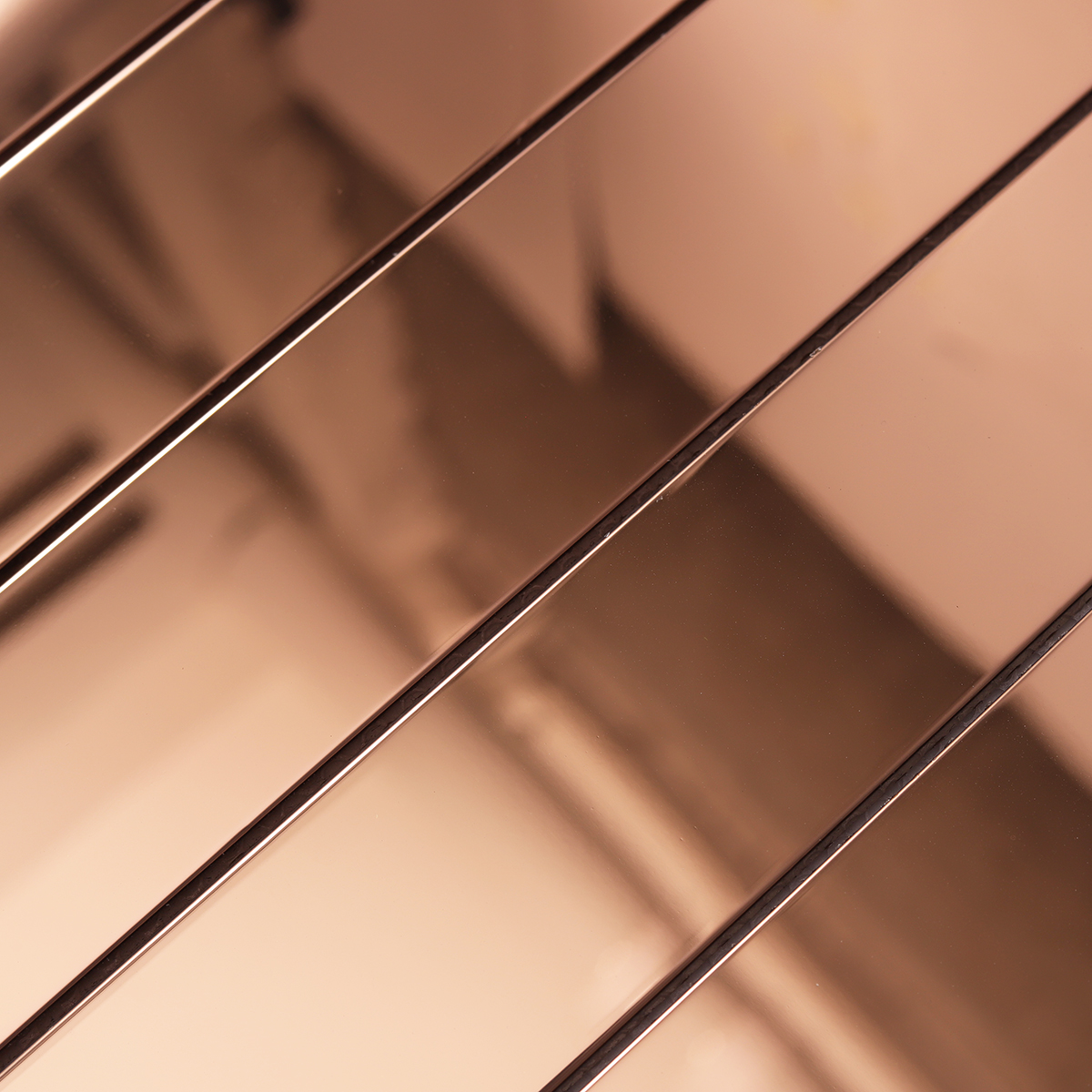 Detailed view of Metal Rose Gold Glossy Stacked Mosaic Tile, showing reflective glossy surface