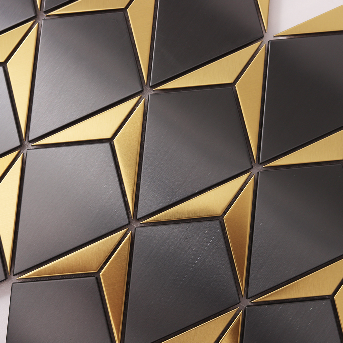 Detailed view of Black and Gold Diamond Metal Mosaic Tile, smooth and luxurious texture