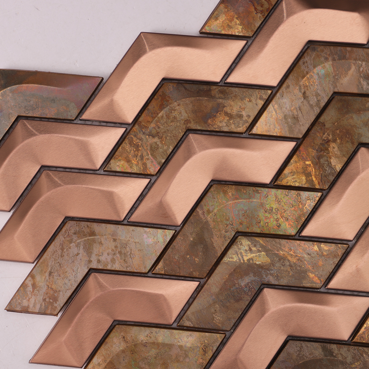 Detailed view of Copper and Stainless Steel Chevron 3D Metal Mosaic Tile