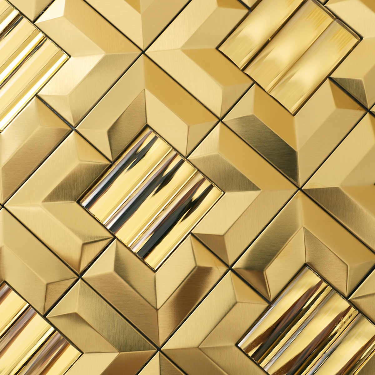 Close-up of Glass Mix Metal Gold 3D Mosaic Backsplash Tile, intricate texture