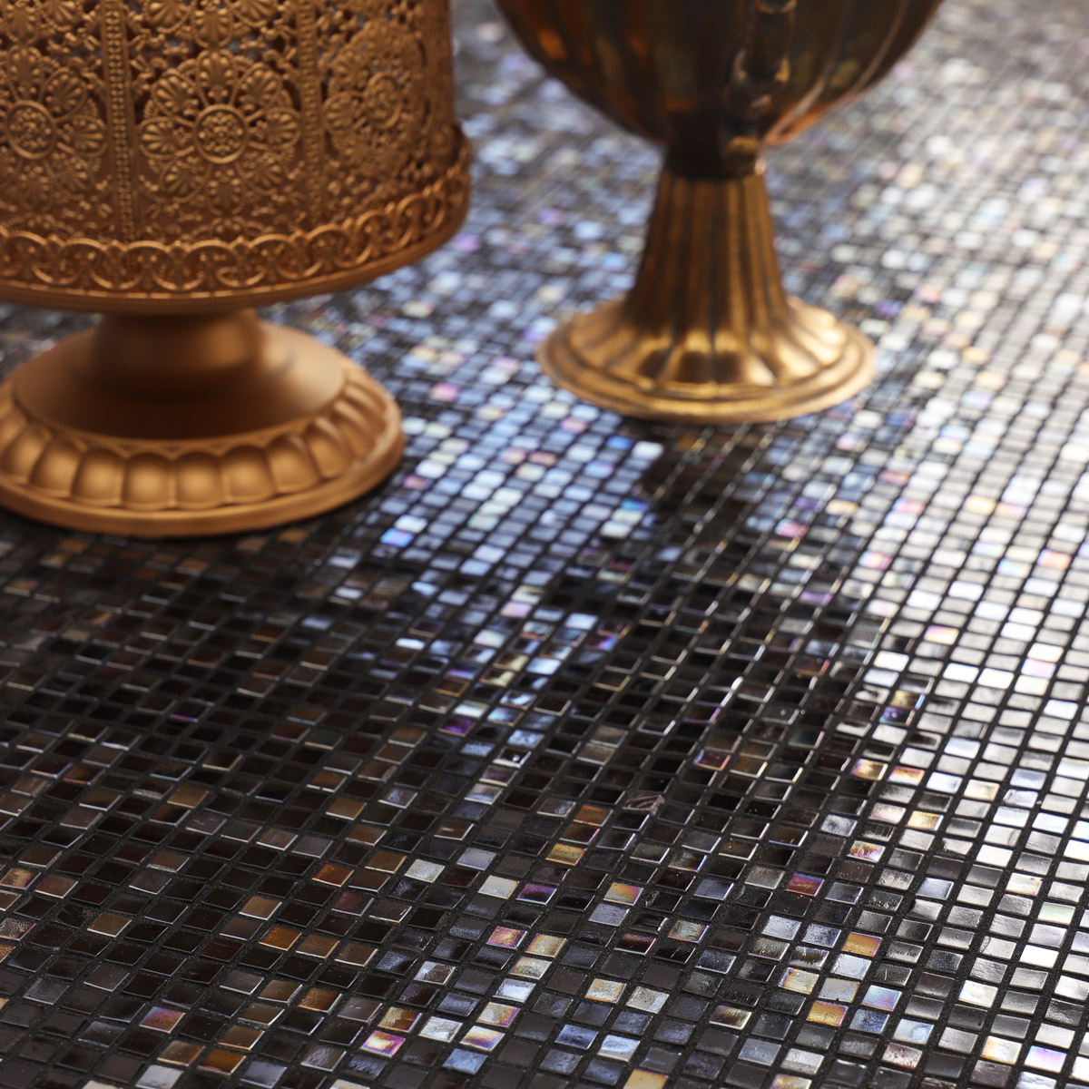 Mini Black Square Iridescent Glass Mosaic Tiles, sleek and shiny, featured on the floor