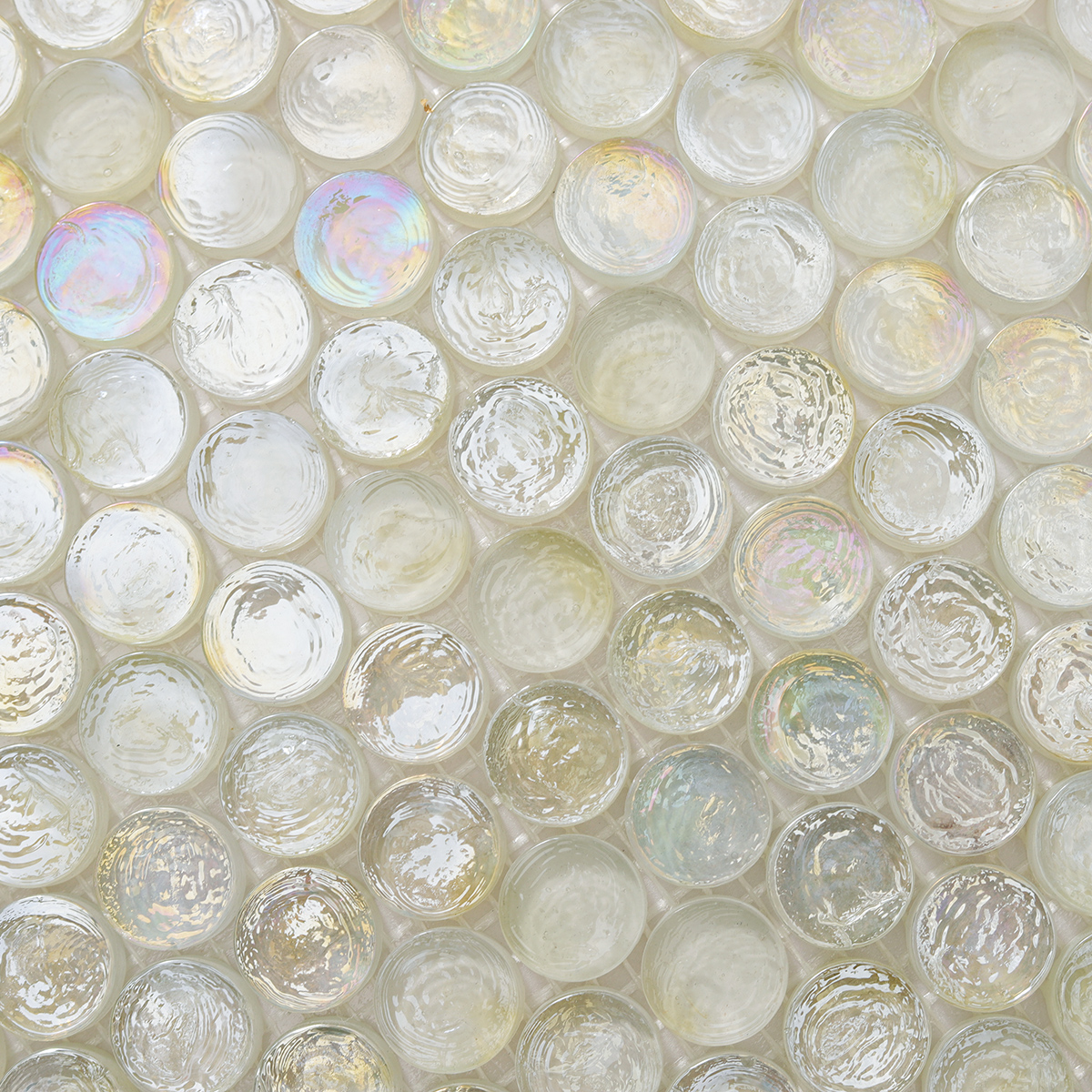 Detailed view of White Iridescent Penny Round Glass Mosaic Tile
