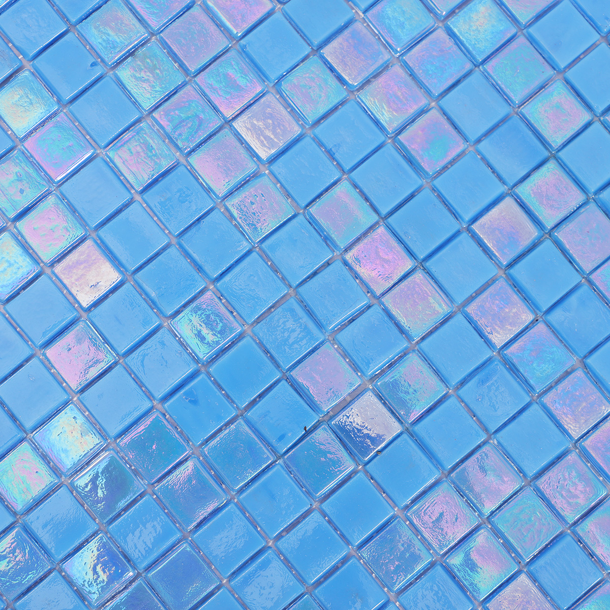 Close-up of Iridescent Blue Glass Square Mosaic Floor Tile, highlighting smooth, glossy surface