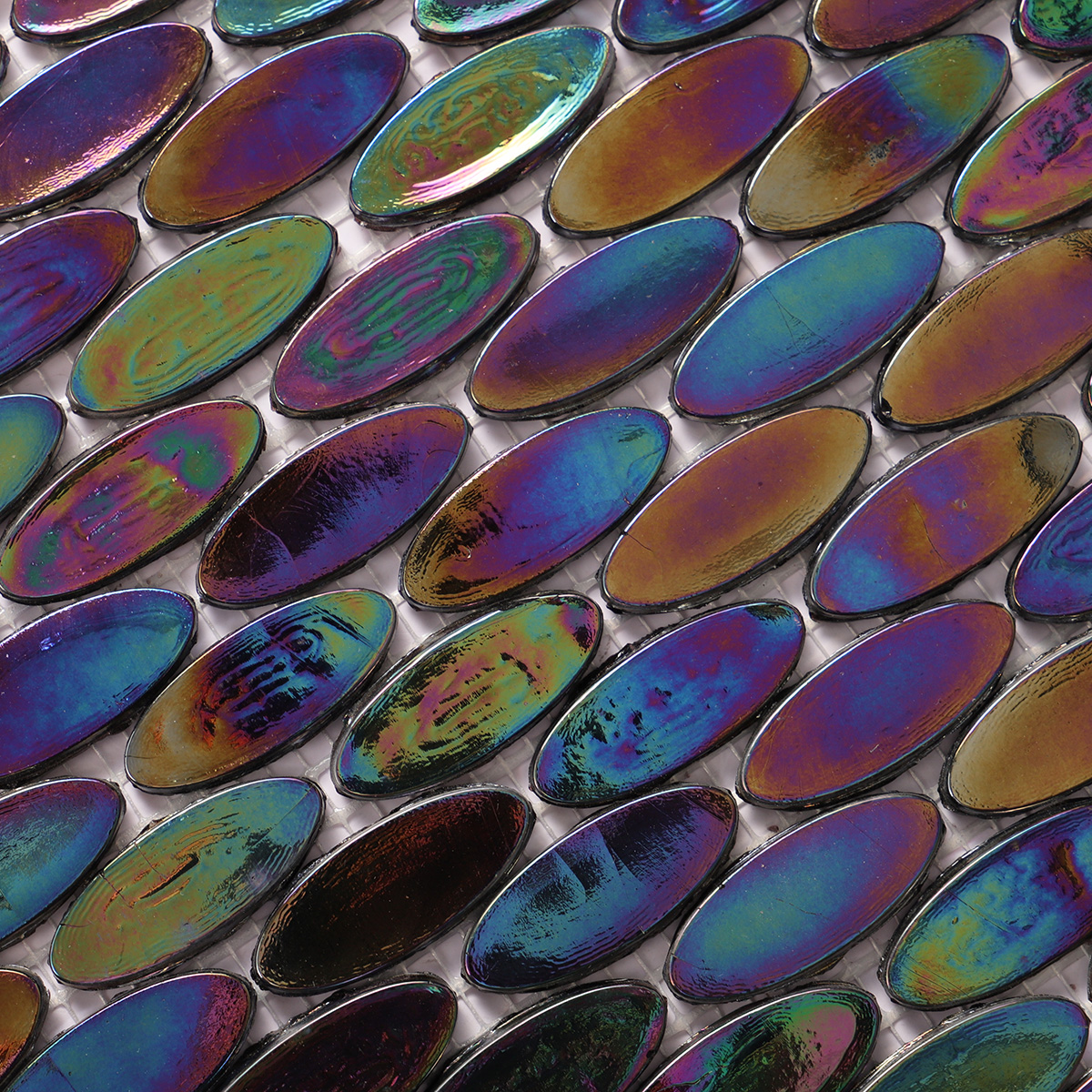 Detailed view of Oval Iridescent Black Glass Mosaic Floor Tile, showcasing glossy texture