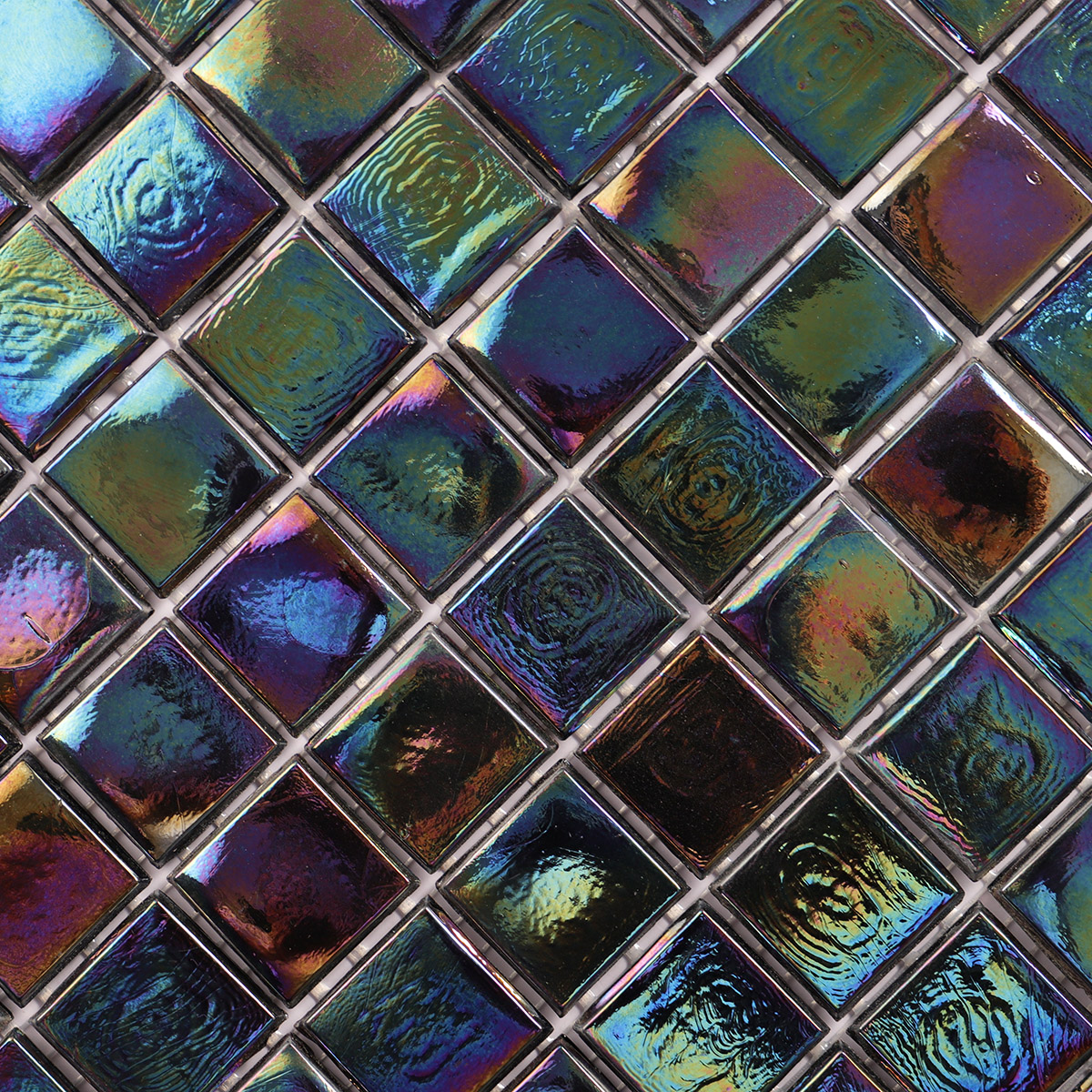 Detailed view of Black Square Iridescent Glass Mosaic Wall Tiles, highlighting smooth texture