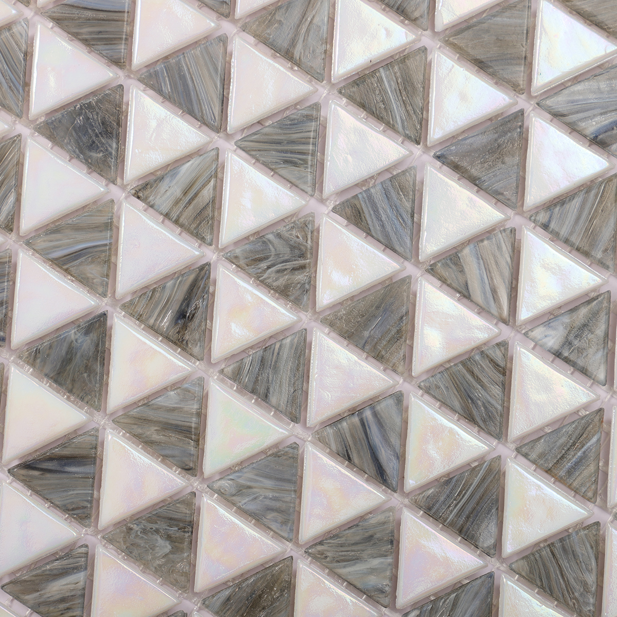 Detailed view of Gray and White Glass Triangle Mosaic Tile, highlighting smooth finish